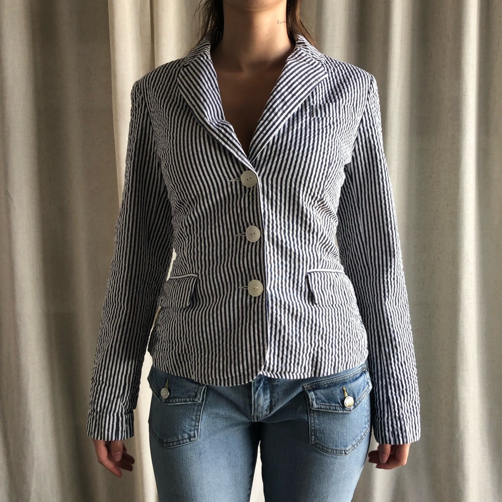 Sandro Nautical Striped Navy and White Tailored Blazer